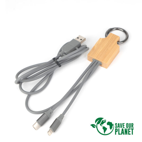 B85-Principal Connect Multicargador 4 en 1 de Bamboo con llavero.